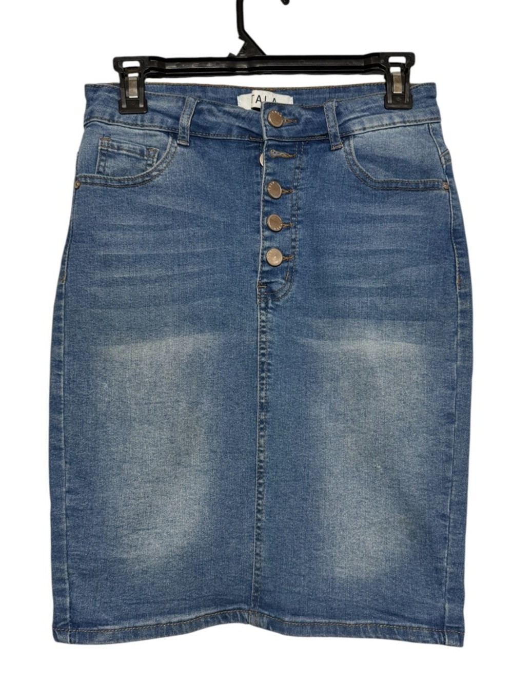 Tala Long Modest Denim Jean Pencil Skirt Small Light awash Stretch Button Fly